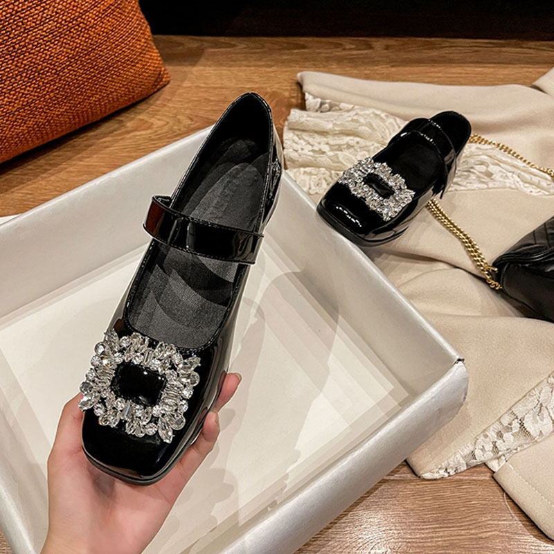 Giày Búp Bê Da Mũi Vuông Đính Đá Xinh Xắn Dành Cho Nữ