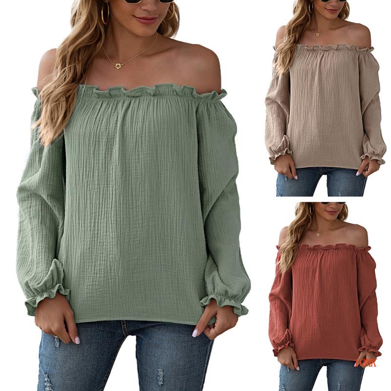 Áo Thun Tay Dài Cổ Tròn Hở Vai Dáng Rộng Màu Khối Thời Trang Quyến Rũ Cho Nữ