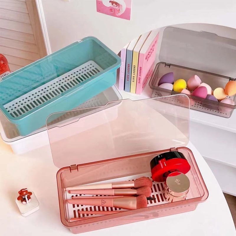 Hộp đựng thìa dĩa có nắp đậy, hộp đựng đồ dùng đa năng đựng khẩu trang,cọ trang điểm chống bụi thoát nước hiệu quả HSU