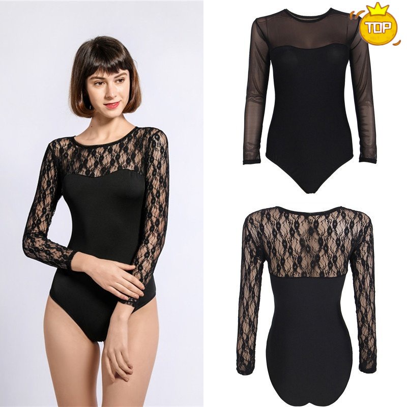 Bộ Đồ Lót Liền Thân Tay Dài Cổ Tròn Phối Ren Lưới Màu Đen Quyến Rũ Dành Cho Nữ h1n