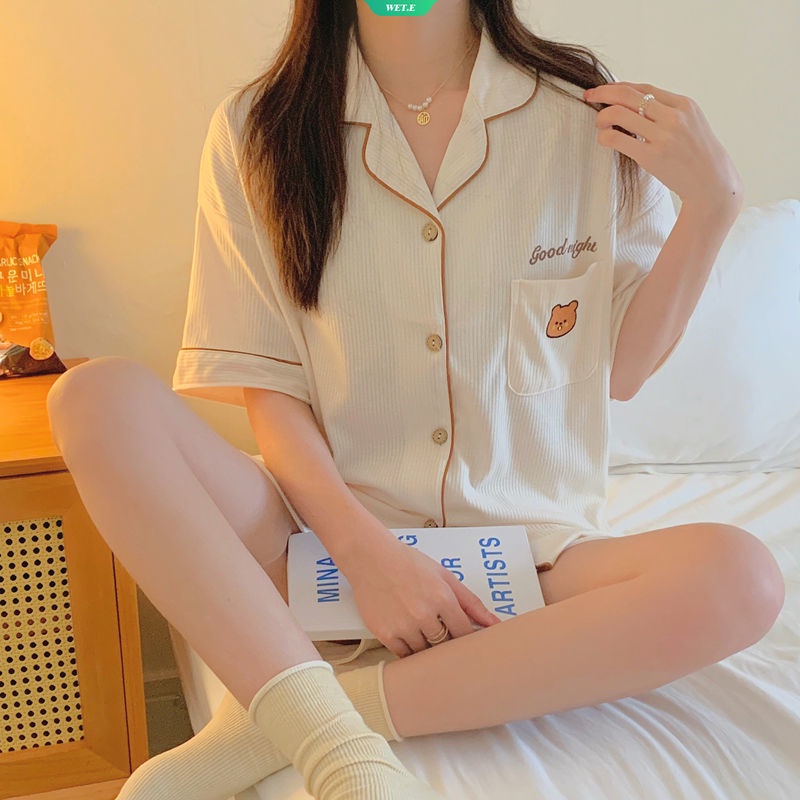 Bộ Đồ Ngủ Tay Ngắn Dáng Rộng In Hình Gấu Dễ Thương Phong Cách Hàn Quốc Thời Trang Mùa Hè 2023
