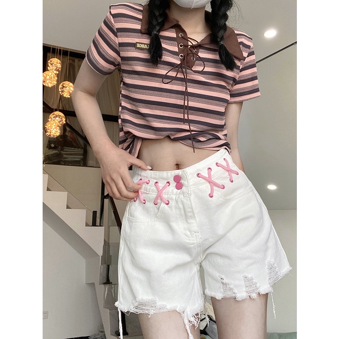 Quần Short Jeans Denim Lưng Cao Viền Rách Cá Tính Cho Nữ