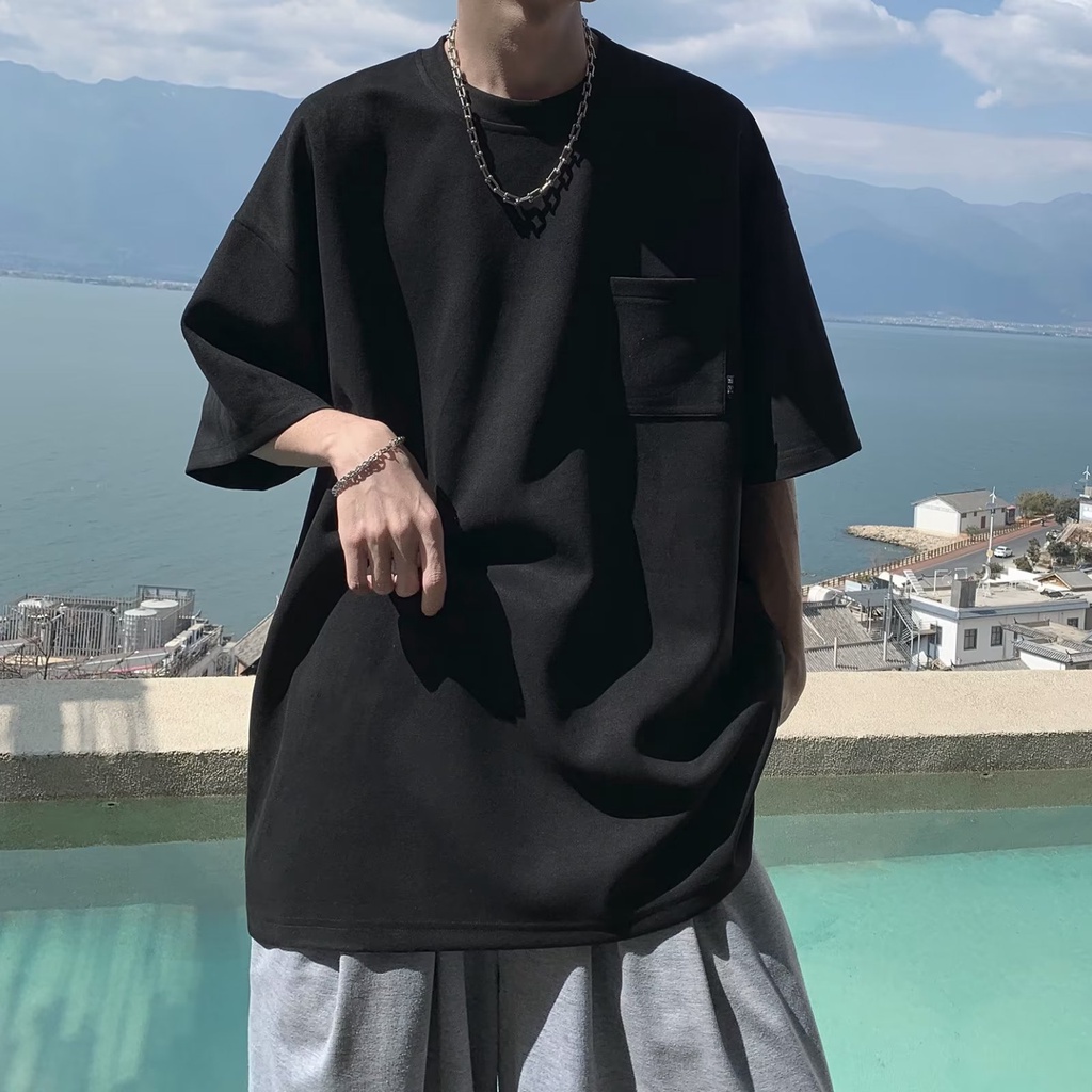 Áo Thun Lông Cừu Tay Ngắn Cổ Tròn Phối Túi Thời Trang Mùa Hè Phong Cách Nhật Bản Cho Nam