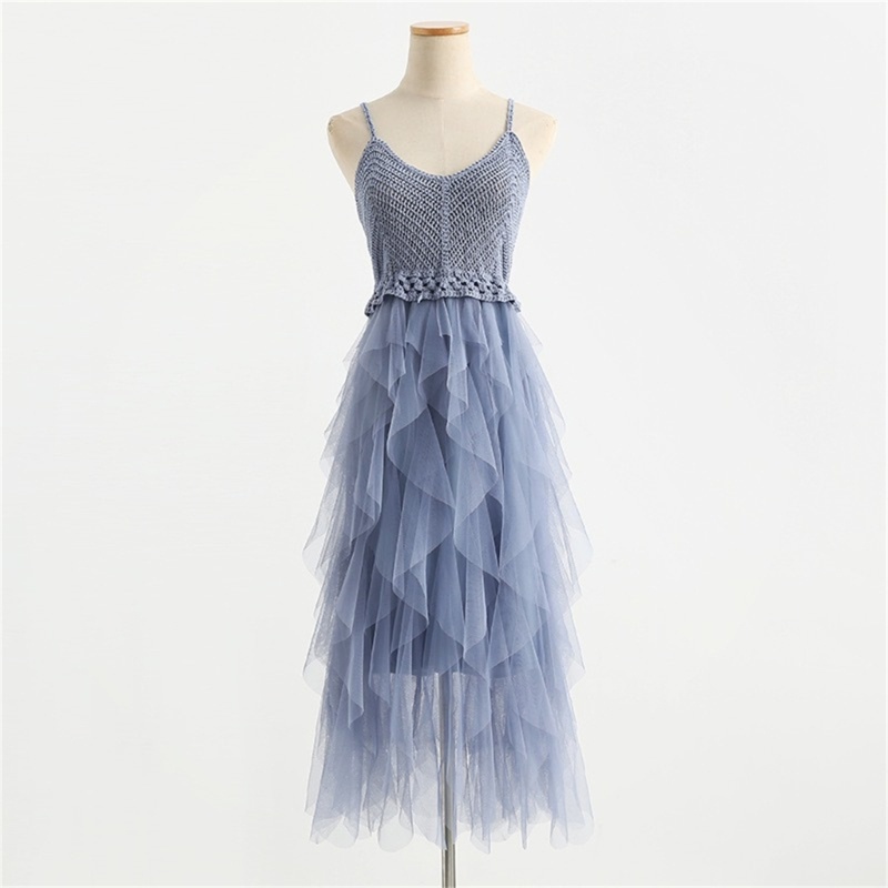 Xiangbao Đầm Midi Dệt Kim Hai Dây Dáng Dài Cổ Chữ V Vải Tuyn Lưới Xuyên Thấu Nhiều Lớp Ngọt Ngào Cho Nữ D