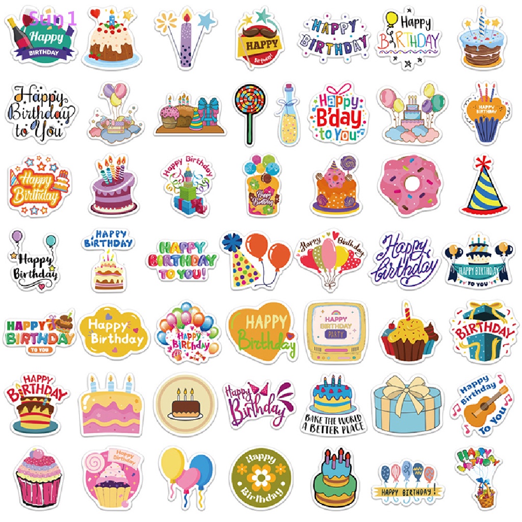 Sun1 &gt; 50 Nhãn Dán Happy Birthday Graffiti Bằng PVC Trang Trí Nhật Ký / Điện Thoại / Tủ Lạnh / Xe Hơi / Ghi Ta / Quà Tặ