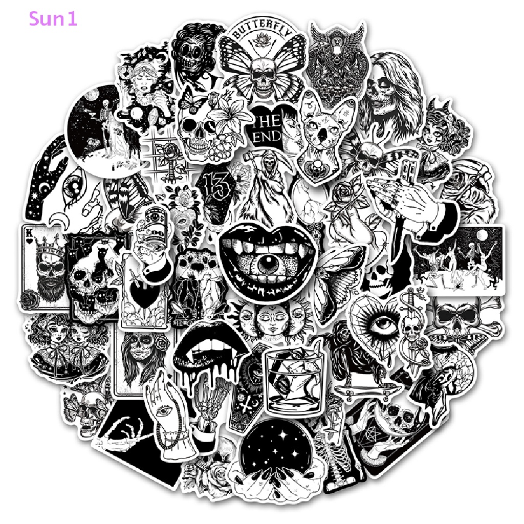 Set 50 Sticker Màu Trắng Đen Phong Cách Gothic Dùng Để Trang Trí Ván Trượt