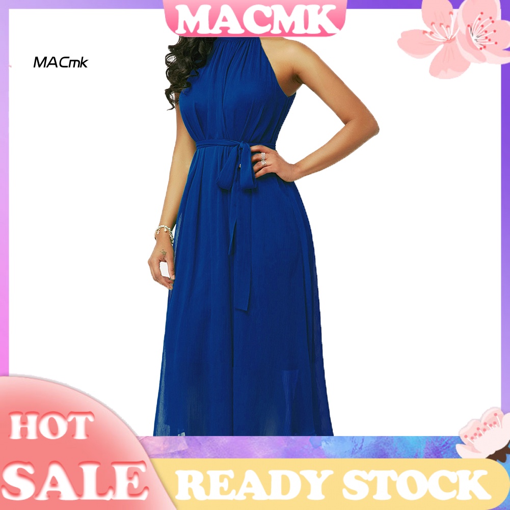 < Cod > Đầm Maxi Chiffon Không Tay Xếp Ly Màu Trơn Mùa Hè Cỡ Lớn Có Thắt Lưng Cho Nữ