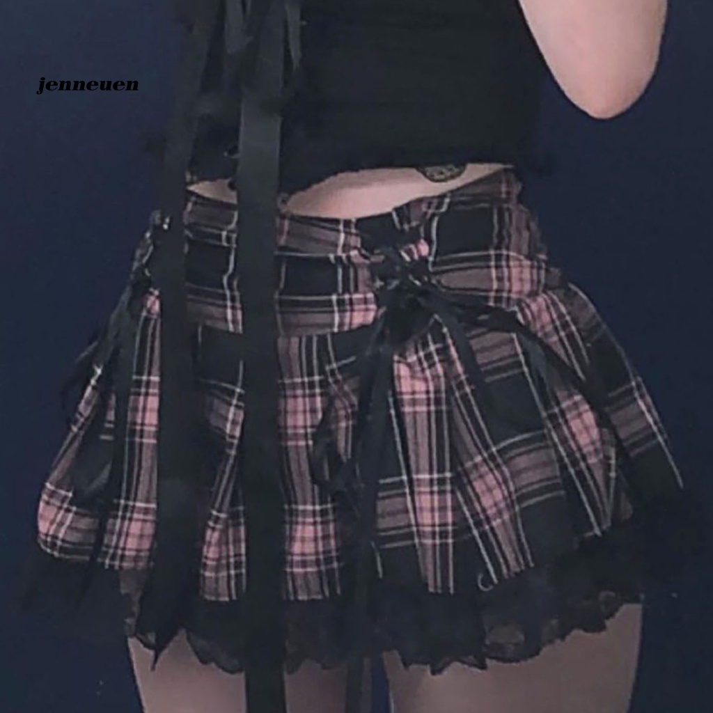 Chân Váy Ngắn Hóa Trang Mini Xếp Ly Phối Dây Cột Sọc Ca Rô Gợi Cảm Cho Nữ