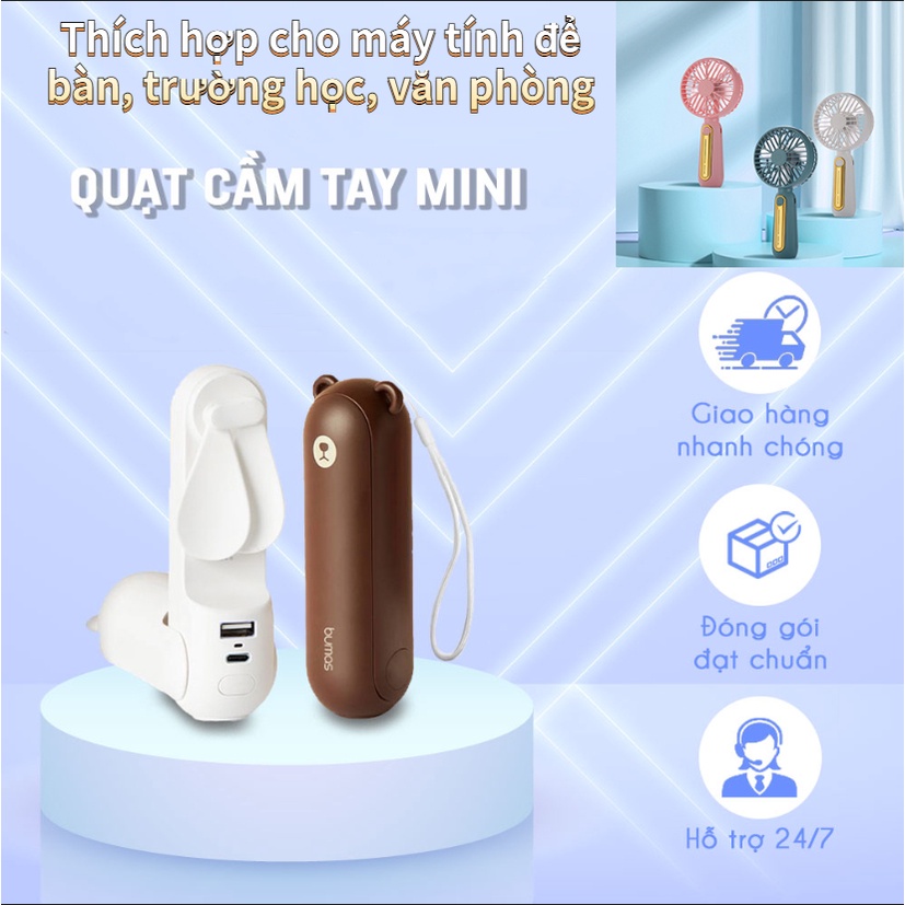 Quạt Cầm Tay Mini Tích Điện Đa Năng , Tay Kiêm Sạc dự phòng 2000mAh , Đèn Pin Tiện Lợi