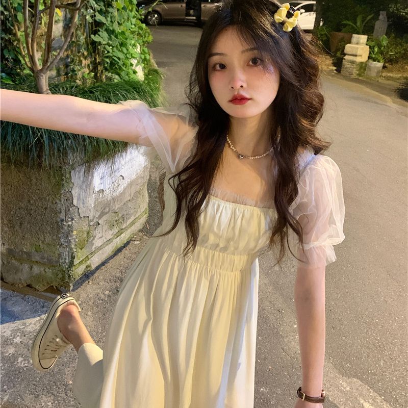 Đầm Tay Ngắn Phối Lưới Thời Trang Mùa Hè Xinh Xắn Cho Nữ