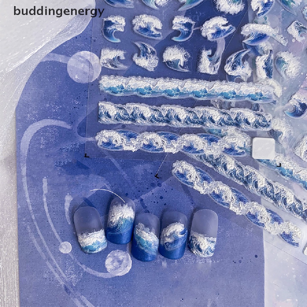 Miếng Dán Mềm Mại Dập Nổi Hình Sóng Biển Trắng Xanh 5D Trang Trí Móng Nghệ Thuật