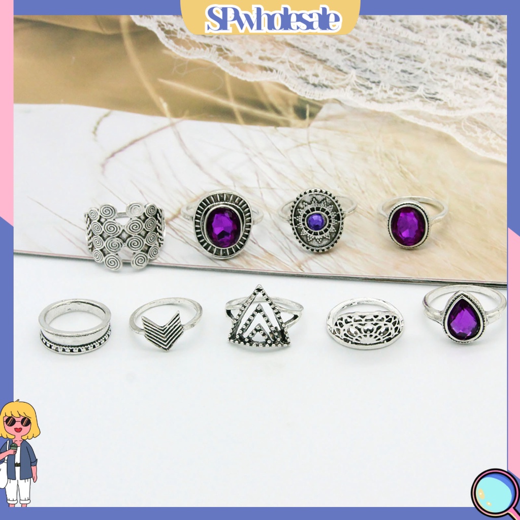 <SPwholesale> Bộ 9 Nhẫn Hợp Kim Đính Đá Tím Nhân Tạo Phong Cách Bohemia