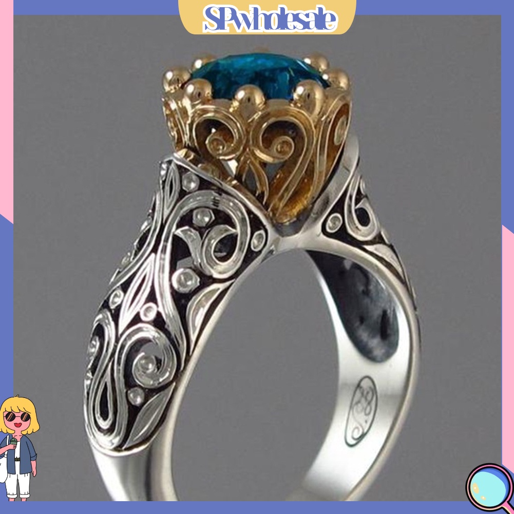 <SPwholesale> Nhẫn Mạ Bạc Đính Đá Topaz Nhân Tạo Phong Cách Vintage Thời Trang