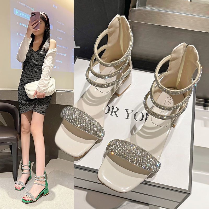 Sandal Cao Gót Bằng Da Mềm Đính Đá Pha Lê Phong Cách Pháp Thời Trang Mùa Hè Cho Nữ