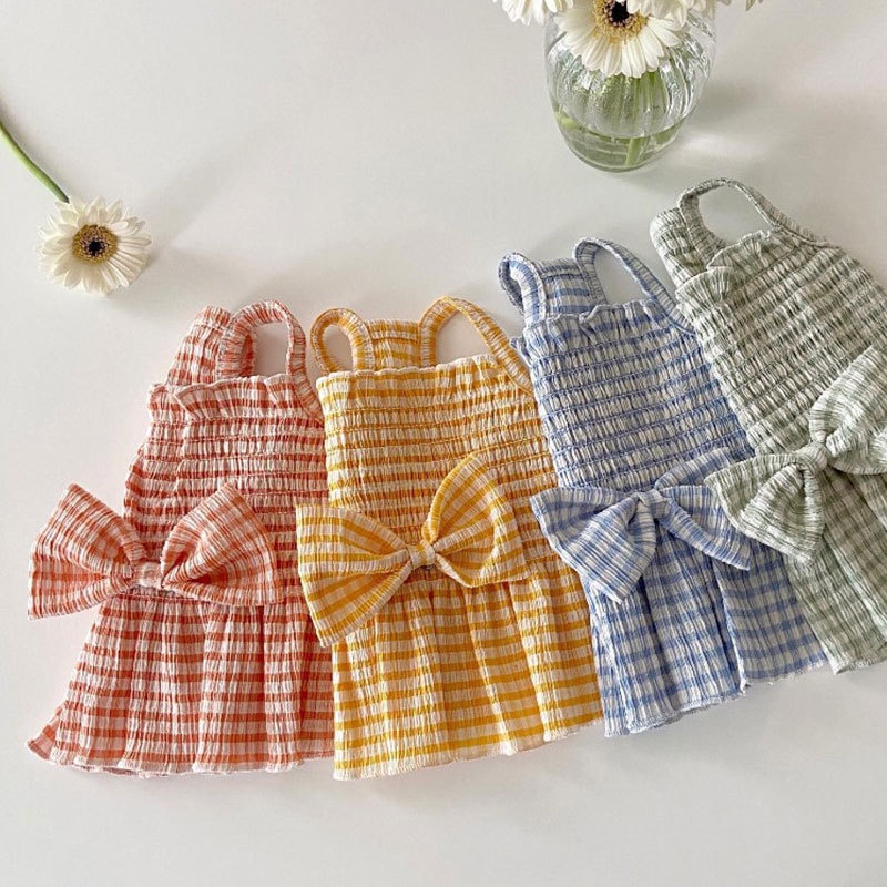 Đầm Công Chúa Họa Tiết Caro Đính Nơ Thời Trang Mùa Hè Xinh Xắn Cho Thú Cưng