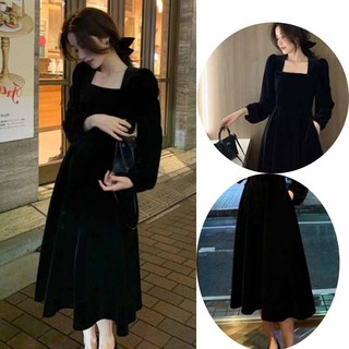 Đầm nhung SUGEMIUSI dài qua gối phong cách retro Pháp thời trang cho nữ