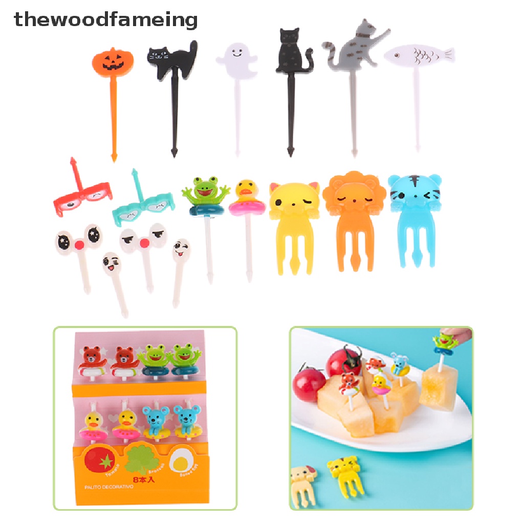 Set 6 / 8 / 10 Nĩa Ăn Trái Cây Mini Bằng Gỗ Họa Tiết Hoạt Hình Có Thể Tái Sử Dụng
