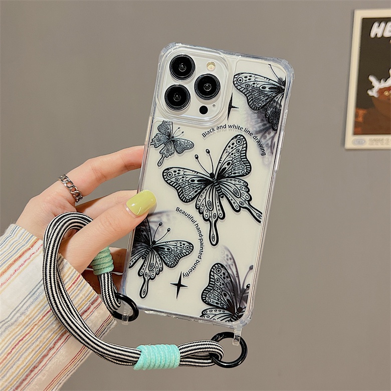 Ốp Điện Thoại Silicone tpu Mềm Trong Suốt Chống Sốc In Hình Bướm Đơn Giản Có Dây Đeo Cho iphone 12 14 13 11 Pro Max