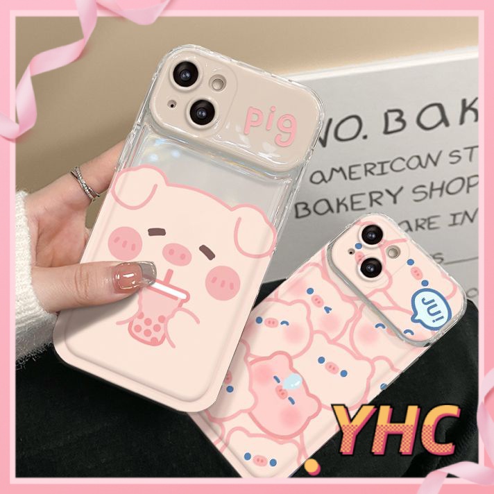 Ốp Lưng iPhone Camera Con lợn nhỏ uống trà sữa, nắp lật, giá đỡ gương, vỏ mềm silica gel chống rơi Cho Iphone 6 / 6S / 6splus / se / 7 / 7plus / 8 / 8plus / X / xs / xsmax / 11 / 12 / 13 / 14 / Plus / pro / pro max-8011