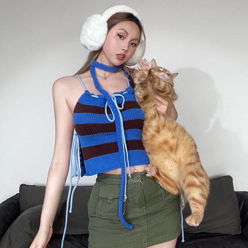 Áo Tank Top Dệt Kim Hai Dây In Họa Tiết Kẻ Sọc Thời Trang Đường Phố Cao Cấp Puss Y2K