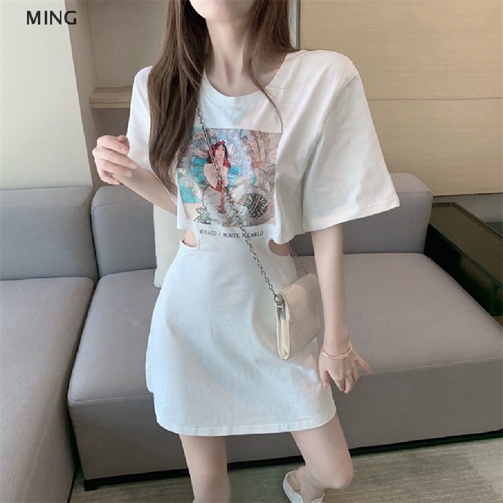 Đầm Mini Chữ A Tay Ngắn Khoét Lỗ In Họa Tiết Phong Cách Hàn Quốc Thời Trang Mùa Hè Cho Nữ