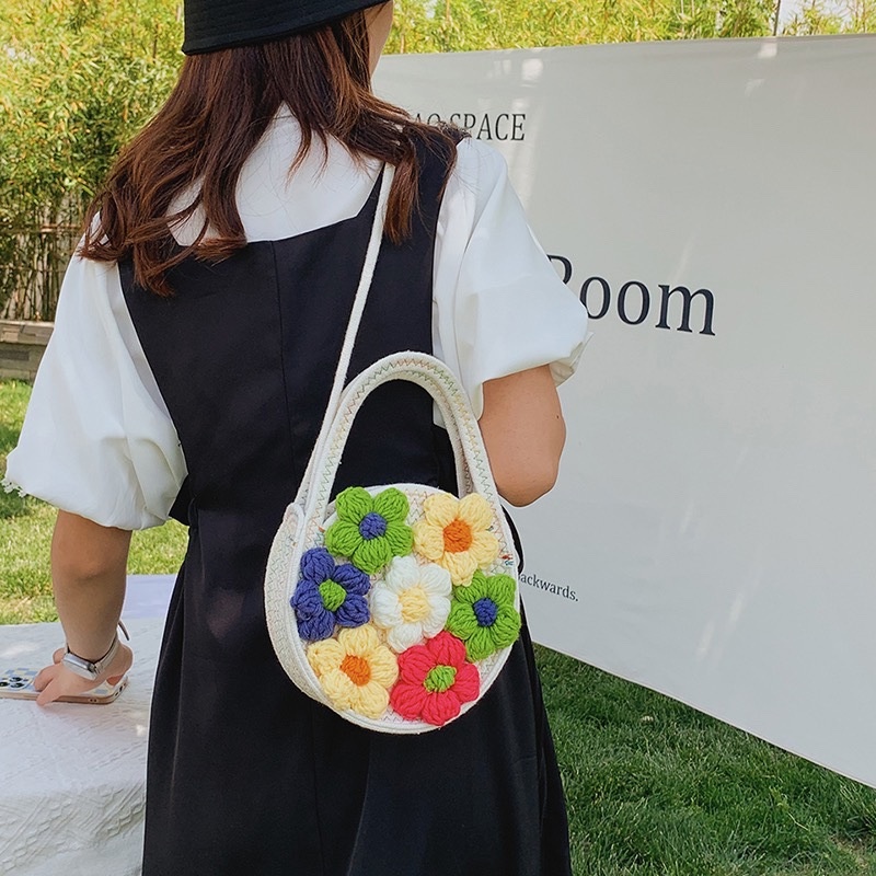 Túi Đeo Chéo Dây Thừng Cotton Đính Hoa Nhỏ Đơn Giản Thời Trang Đi Biển
