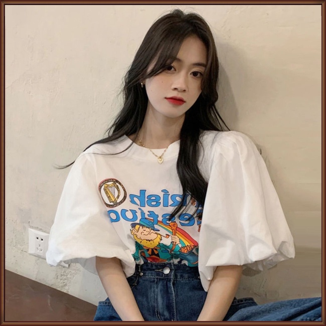 Áo Thun Tay Ngắn Phồng Cổ Tròn Dáng Rộng Thời Trang Mùa Hè Dễ Thương Cho Nữ