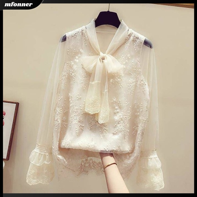 Áo Ren Tay Dài Cổ Chữ V Thắt Nơ Màu Trơn Dễ Thương Thời Trang Mùa Hè Cho Bạn Gái