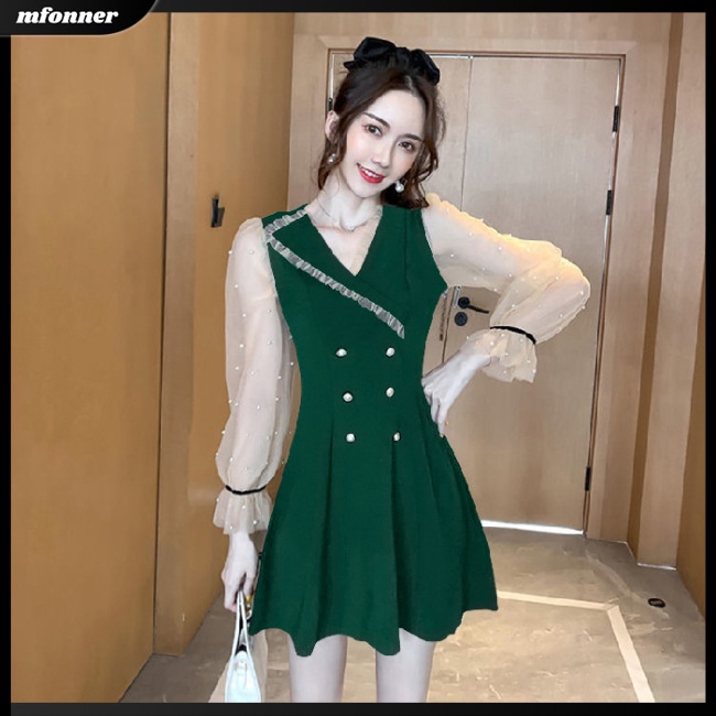 Đầm Midi Tay Dài Cổ Chữ V Màu Sắc Ngọt Ngào Cho Nữ