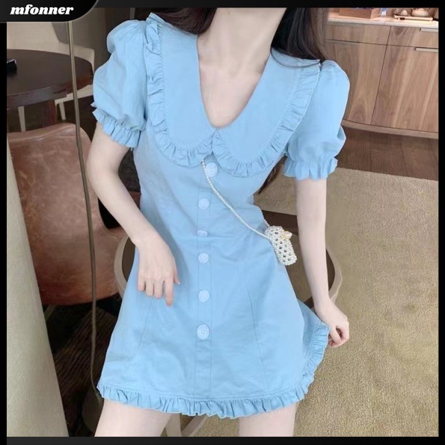 Đầm Chữ A Tay Phồng Cổ Búp Bê Phối Bèo Ôm Dáng Kiểu Pháp Xinh Xắn Cho Nữ