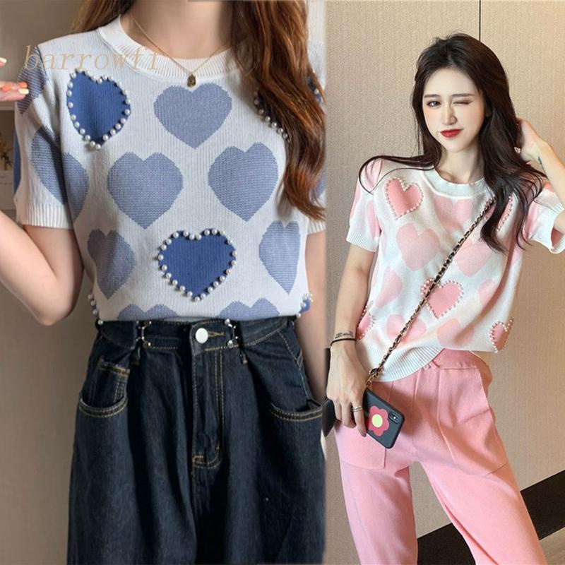 Áo Crop Top Dệt Kim Tay Ngắn Cổ Tròn In Họa Tiết Trái Tim Đính Ngọc Trai Giả Dễ Thương Thời Trang Cho Nữ