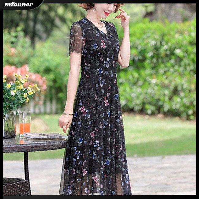 Đầm Tay Ngắn Cổ Chữ V In Họa Tiết Hoa Thời Trang Xinh Xắn Cho Nữ