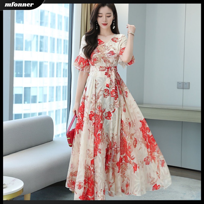 Đầm Tay Ngắn Cổ Chữ V Ôm Eo Thoáng Khí In Họa Tiết Hoa Phong Cách Phương Tây Thời Trang Mùa Xuân Cho Nữ