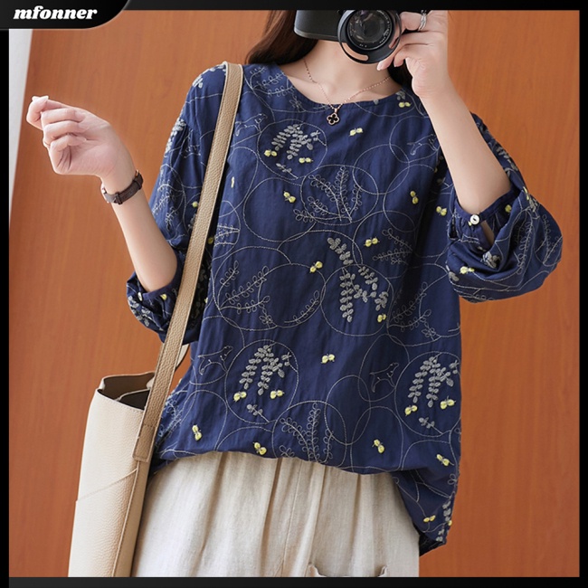 Áo Sơ Mi Cotton Lanh Chui Đầu Cổ Tròn Thêu Họa Tiết Xinh Xắn Thoải Mái Cho Nữ