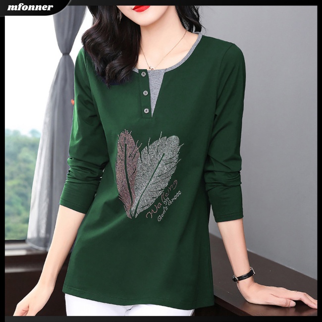 Áo Thun Nữ Tay Dài Cổ Tròn Dáng Rộng Có Nút Trang Trí Màu Sắc Tương Phản