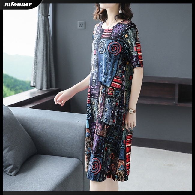 Đầm Midi Tay Ngắn Cổ Tròn In Họa Tiết Phong Cách Cổ Điển Thời Trang Cho Nữ