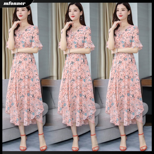 Đầm Dài Tay Cổ Chữ V In Hoa Thời Trang Mùa Hè Giản Dị Dành Cho Nữ