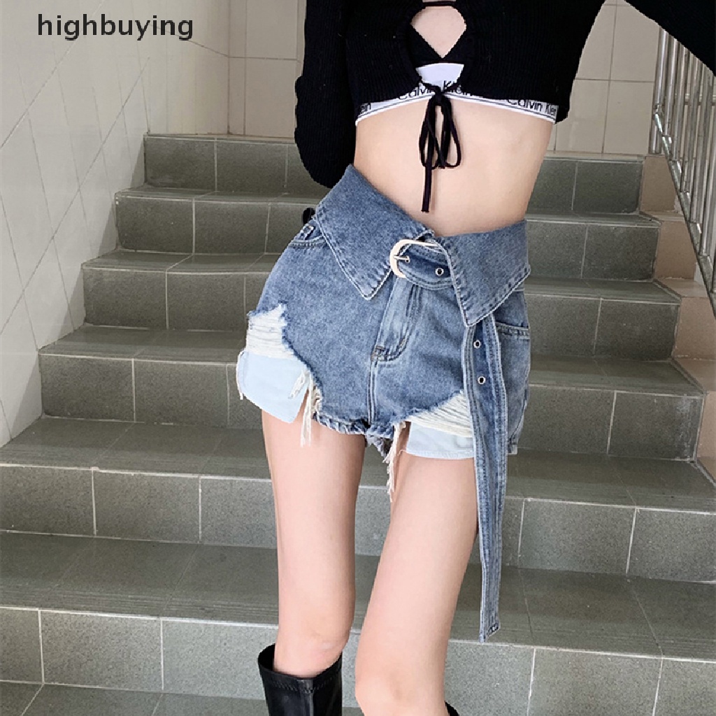 Quần Short Denim Lưng Cao Ống Rộng Phối Rách Kiểu Vintage Cá Tính Cho Nữ