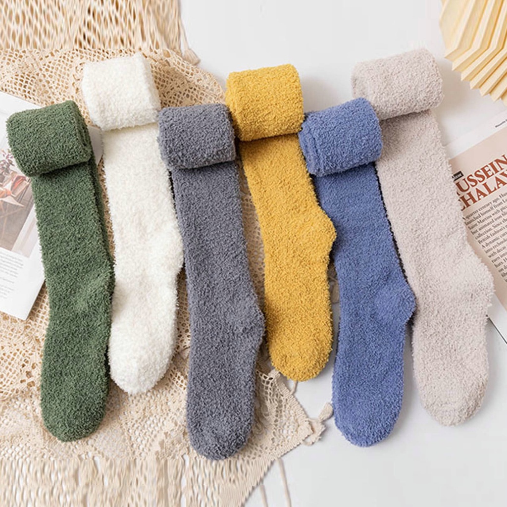 1 Đôi Tất Lông Cừu San Hô Dày Dài Qua Gối Màu Trơn Giữ Ấm Mùa Thu Đông Phong Cách Nhật Bản Cho Nữ
