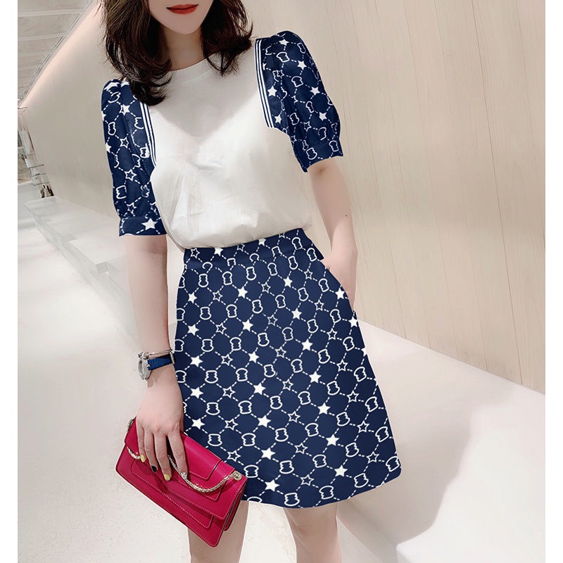 Set Áo Thun Ngắn Tay Và Chân Váy Chữ A Màu Xanh Đậm Phong Cách Châu Âu Thời Trang Mùa Hè Mới Cho Nữ