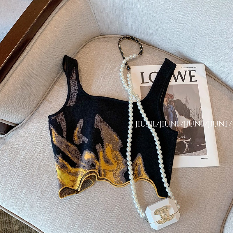 Set Áo Váy Hai Dây Dệt Kim Màu Sắc Tương Phản Phong Cách Retro Thời Trang Mùa Hè 2023 Dành Cho Bạn Nữ