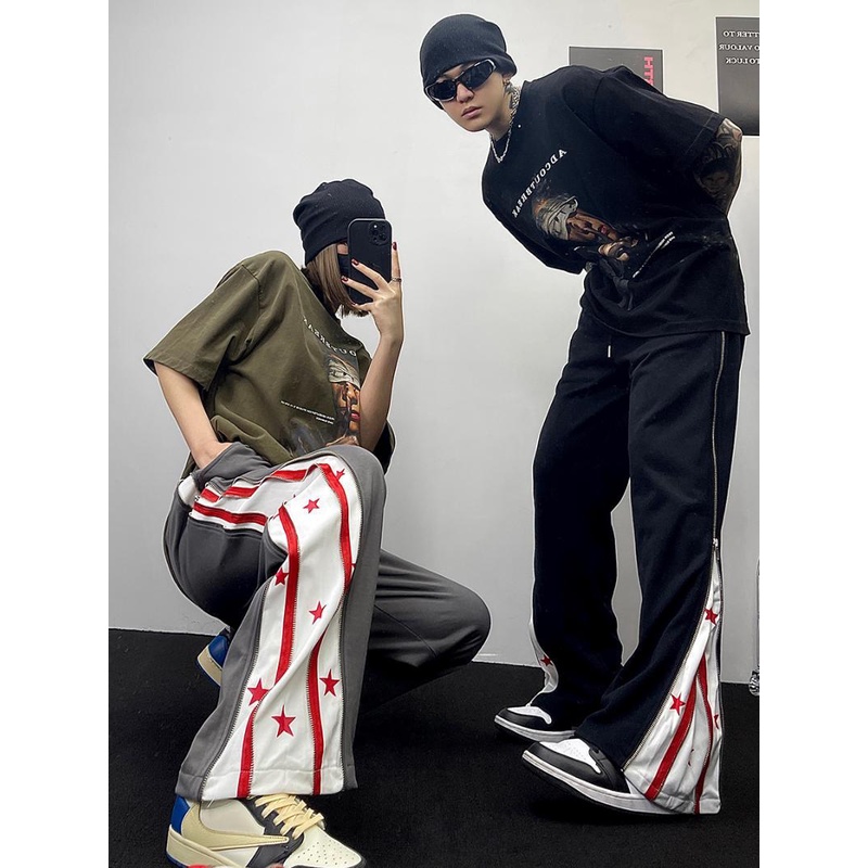 Quần Dài Ống Rộng Phối Khóa Kéo Họa Tiết Ngôi Sao Thời Trang Cho Nam
