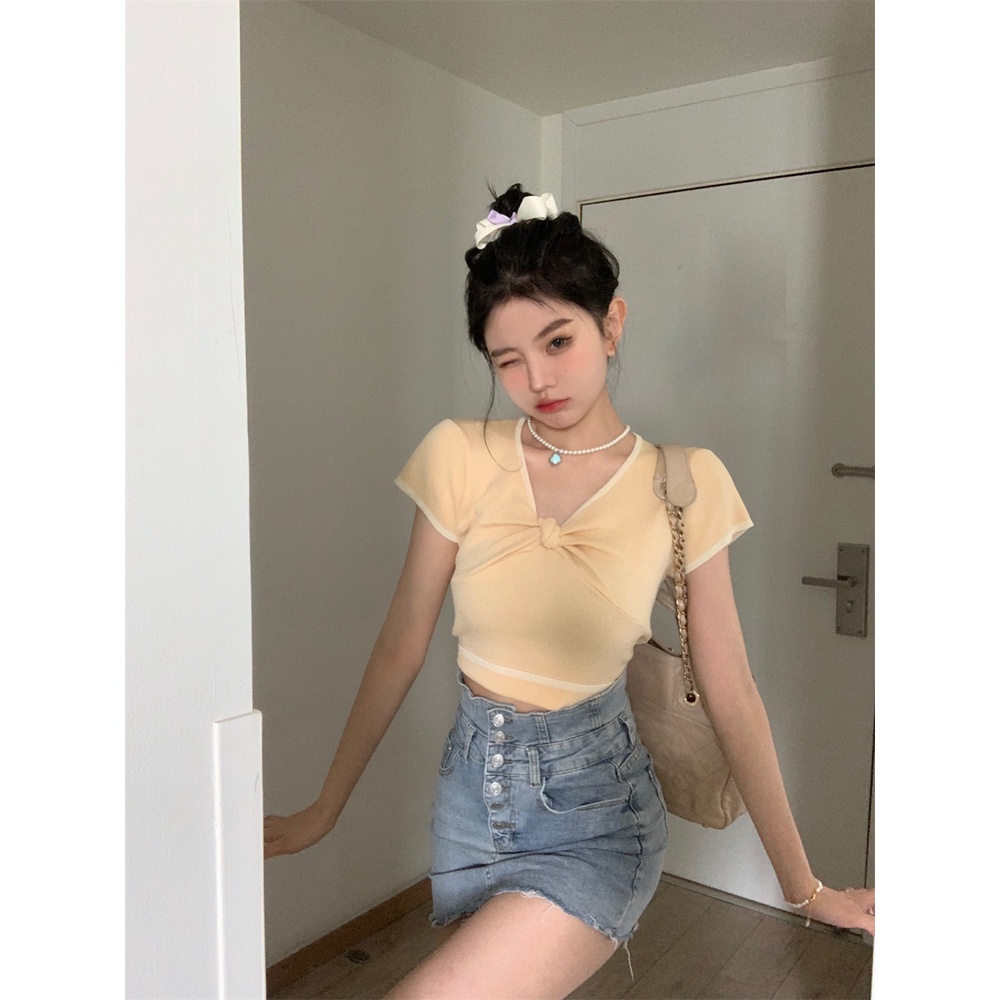 Áo Thun Dệt Kim Tay Ngắn Cổ Chữ V Màu Tương Phản Phong Cách Hàn Quốc Thời Trang Mùa Hè