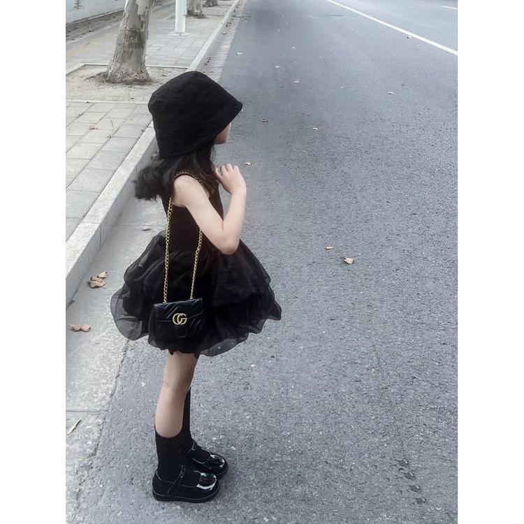Đầm Công Chúa Hai Dây Màu Đen Phối Lưới Phong Cách Hàn Quốc Thời Trang Mùa Hè Cho Bé Gái