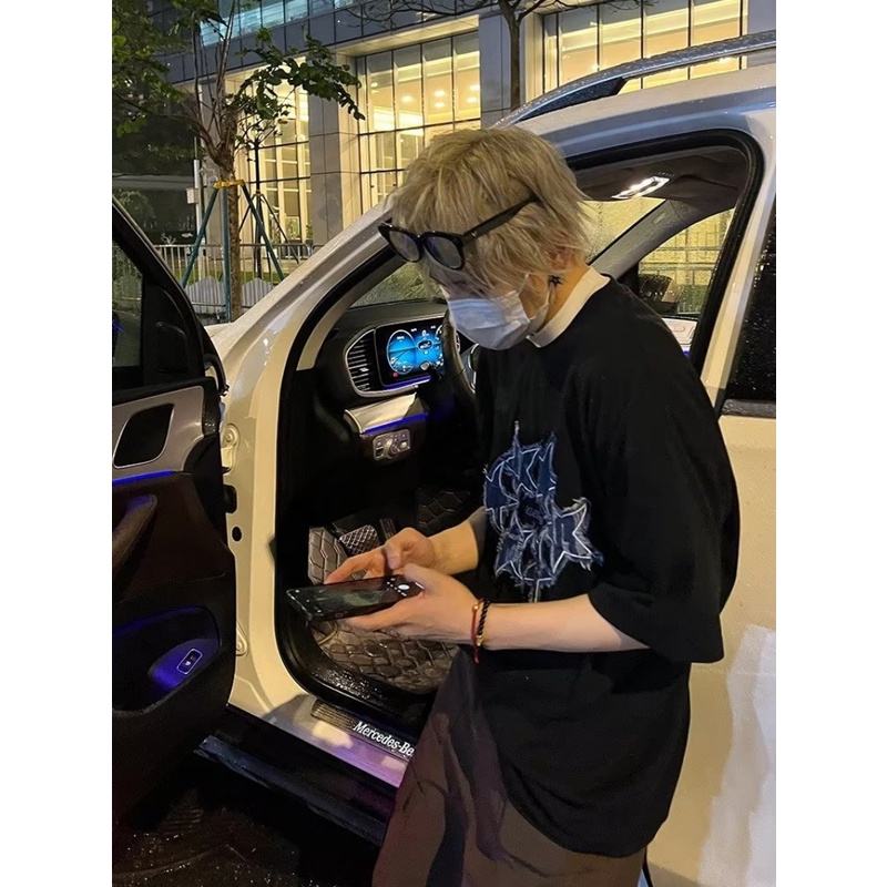 Áo Thun Denim Tay Ngắn Dáng Rộng Thêu Hình Ngôi Sao Phong Cách Harajuku Hàn Quốc Thời Trang Mùa Hè Cho Nam Và Nữ