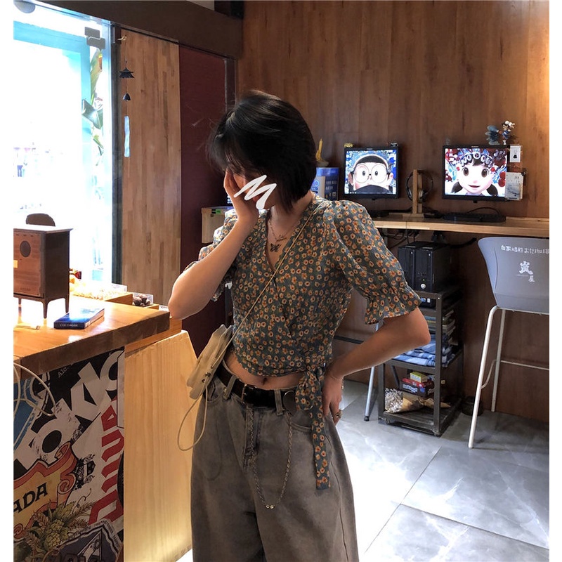 Áo Sơ Mi Chiffon Tay Phồng Ngắn Dáng Rộng Cổ Chữ V In Họa Tiết Hoa Phong Cách Hàn Quốc Thời Trang Mùa Hè Cho Nữ