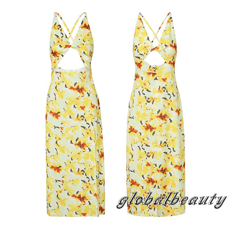 Gb-đầm Nữ Cổ Chữ V Xẻ Sâu Hở Lưng In Họa Tiết Hoa Màu Vàng Size S / M / L / XL