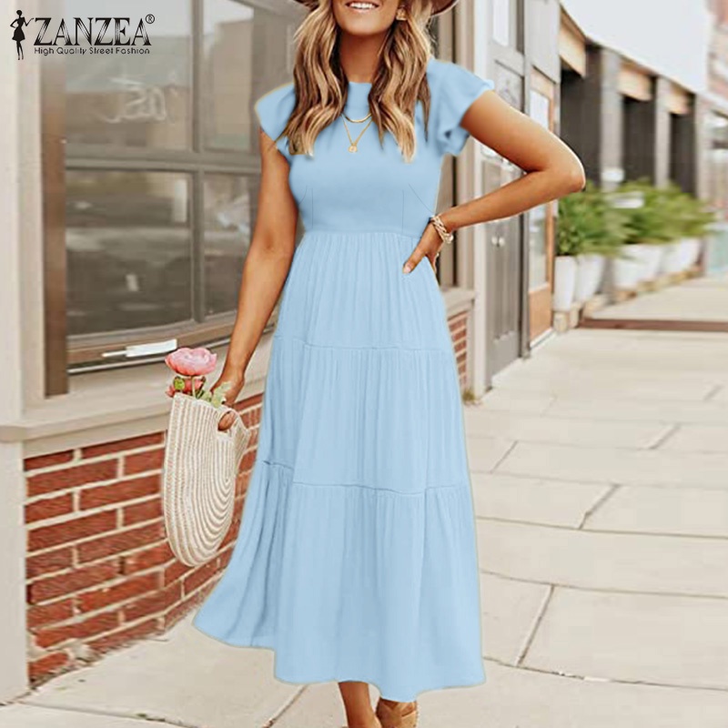 ZANZEA Đầm Nữ Tay Ngắn Cổ Tròn Thời Trang Quyến Rũ