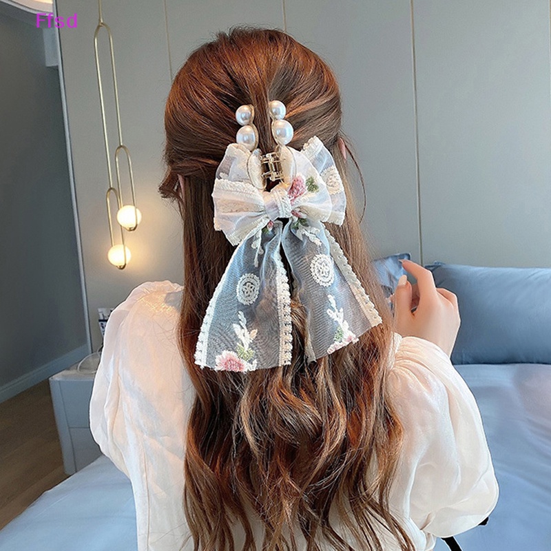 {Ffsd} Kẹp Tóc Thắt Nơ Bằng Vải Thêu Hoa Hồng Phối Ren Đơn Giản Phong Cách Hàn Quốc Dành Cho Bạn Gái *