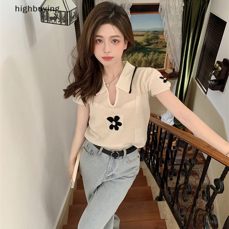 Áo Thun Croptop Dệt Kim Tay Ngắn Thêu Hoa Kiểu Retro Thời Trang Mùa Hè Cho Nữ